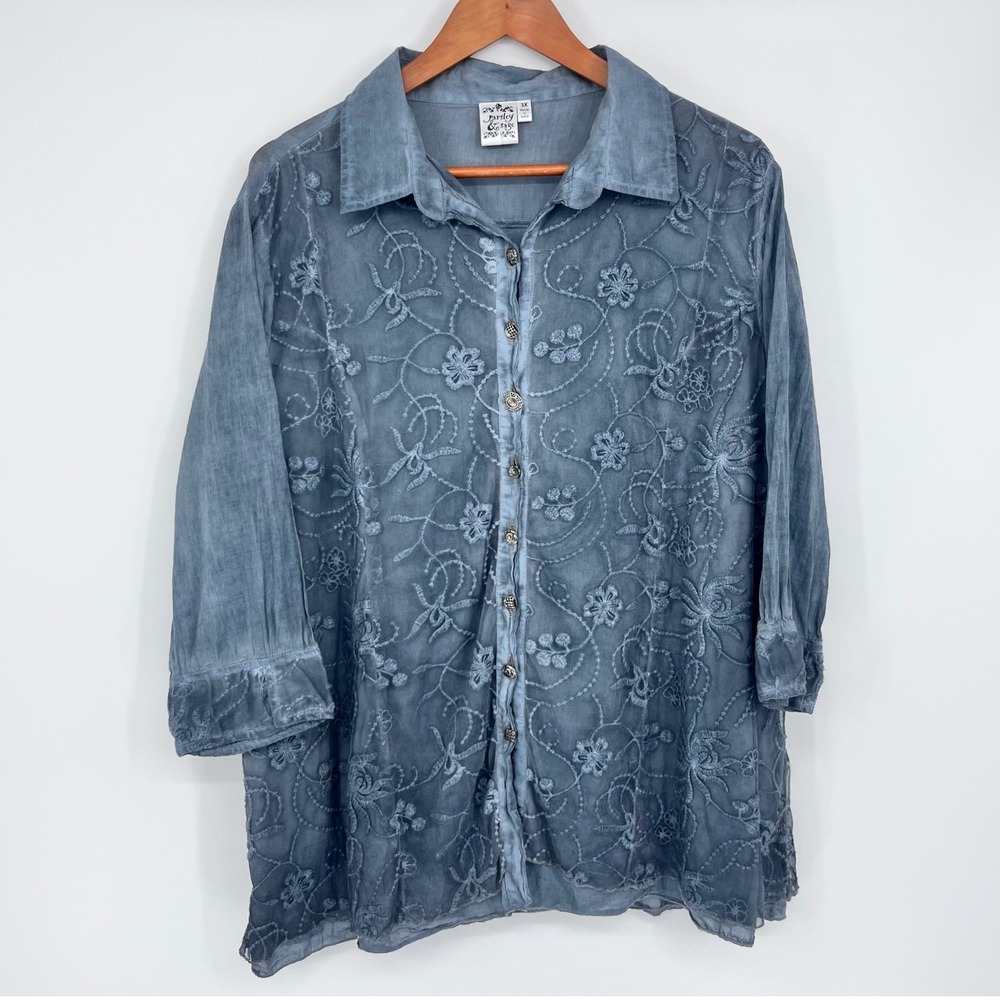 Parsley & Sage Button Down Shirt Womens 3X Blue Gray Floral Embroideredโ Artsy